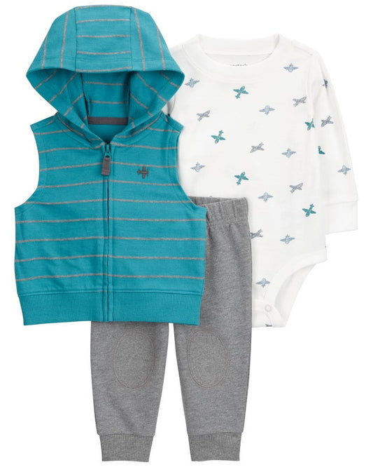 Carter's Baby Boy 3-Piece Airplane Print Long-Sleeve Tee & Pant Set - Blue
