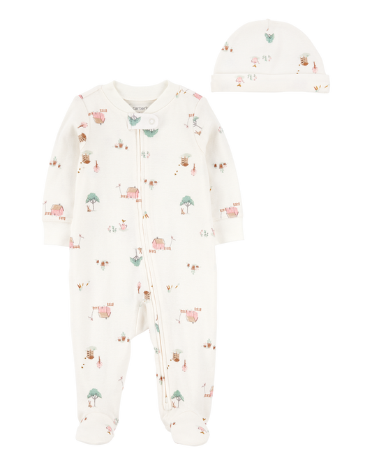 Carter's Baby 2-Piece Barn Print 2-Way Zip Sleep & Play & Headwrap Set - Ivory