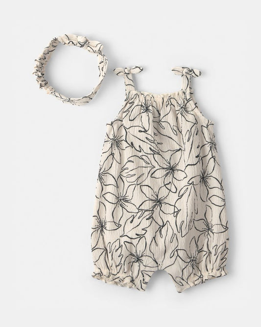 Carter's Baby Girl Floral Romper with Headwrap - Black/Ivory