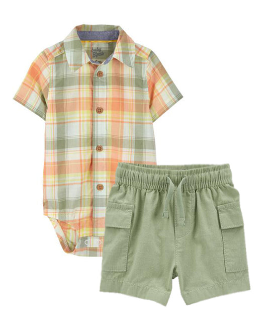 Oshkosh Active Cargo Trail Shorts with Plaid Button-Front Bodysuit
