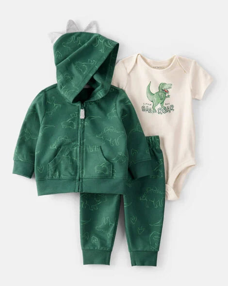 Carter's Baby 3-Piece "Little Guy Big Roar" Dinosaur Jacket Outfit Set - Green/Ivory