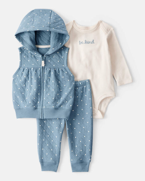 Carter's Baby 3-Piece Polka Dot Quilted Little Vest Set - Blue/Ivory