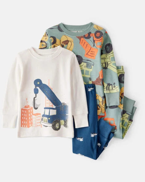 Carter's Baby Boy Construction Print 100% Cotton Long-Sleeve 4-Piece Pajamas - Blue/White/Navy