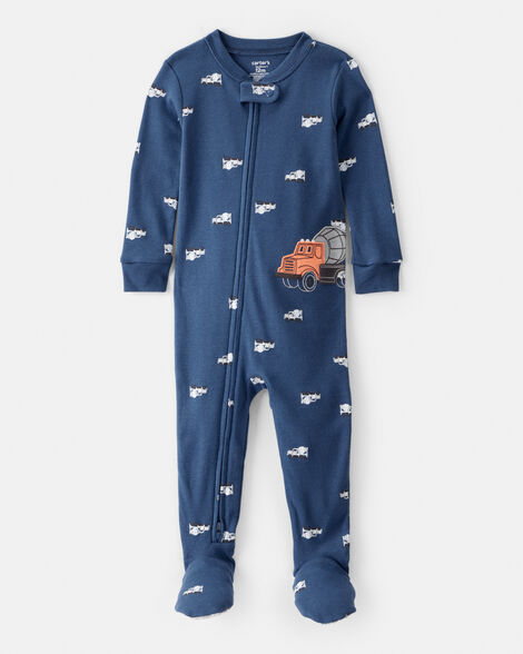 Carter's Baby Boy Construction Print 100% Cotton Long-Sleeve 2-Way Zip 1-Piece Pajamas - Blue