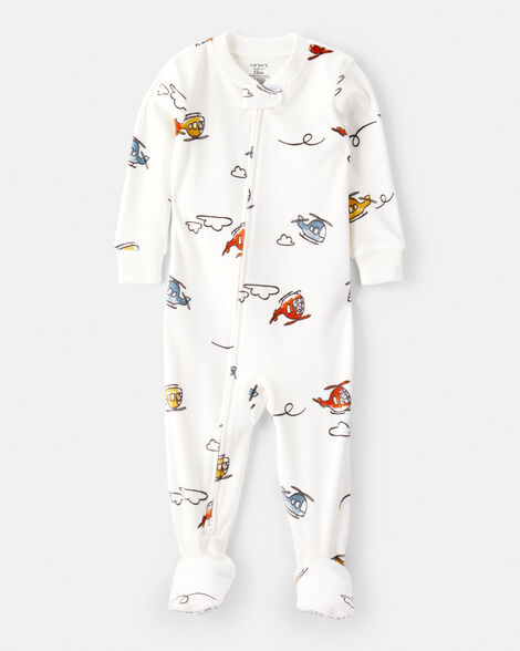 Carter's Baby Boy Helicopter Print DreamPlush Snug Fit Long-Sleeve 2-Way Zip 1-Piece Pajamas - White