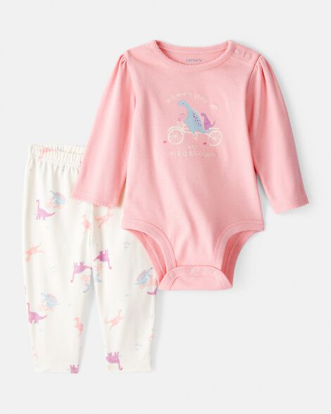 Carter's Baby Girl 2-Piece Dinosaur Print Cotton Long-Sleeve Bodysuit & Pant Set - Pink/White