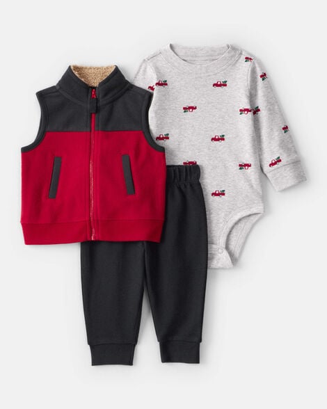 Carter's Baby Boy 3-Piece Christmas Tree & Truck Print Vest, Bodysuit & Pant Set - Red/Black/Grey