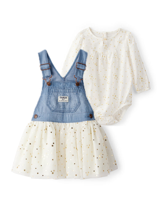 Oshkosh Baby Girl Star Print Cotton Long-Sleeve Fashion Bodysuit with Chambray Tulle Skirtall