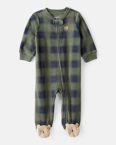 Carter's Baby Boy Bear Plaid Print Loose Fit Long-Sleeve Sleep & Play Pajamas - Green