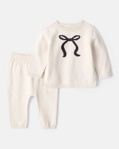 Carter's Baby Girl Bow Cotton Long-Sleeve Sweater & Pant Set - White