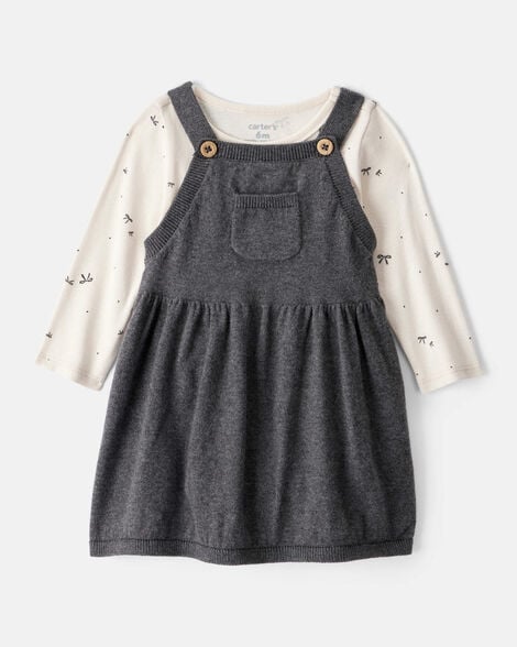 Carter's Baby Girl Bow Print Cotton Long-Sleeve Dress Set - Grey