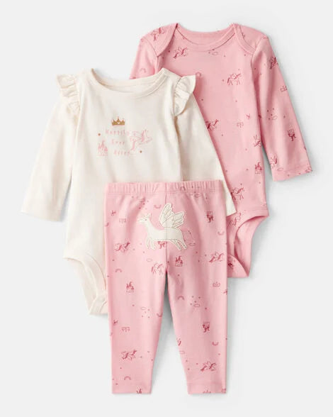Carter's Baby Girl 3-Piece Unicorn Star Print Cotton Long-Sleeve Bodysuit & Pant Set - Pink/White