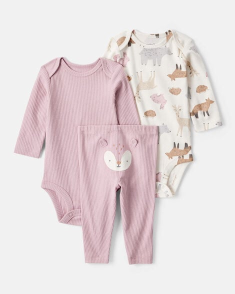 Carter's Baby Girl 3-Piece Woodland Creatures Long-Sleeve Bodysuits & Pant Set - Pink/White