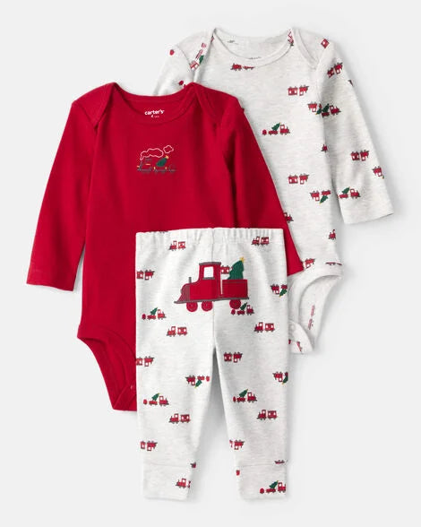 Carter's Baby Boy 3-Piece Train Print Long-Sleeve Bodysuits & Pant Set - Red/White