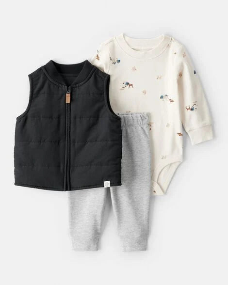 Carter's Baby Boy 3-Piece Quilted Vest Outfit Set - Grey/Black