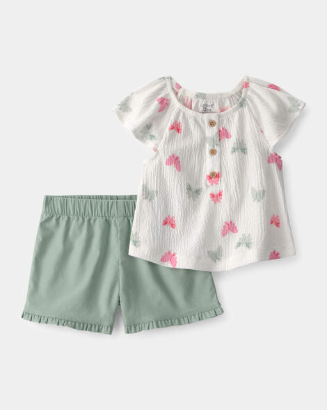 Carter's Baby Girl 2-Piece Butterfly Top & Short Set - Green/White