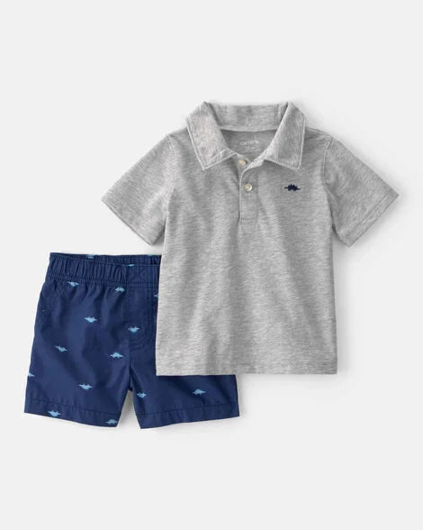 Carter's Baby Boy 2-Piece Dinosaur Polo & Short Set - Navy/Grey
