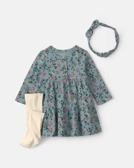 Carter's Baby Girl 3-Piece Floral Thermal Dress Set - Blue