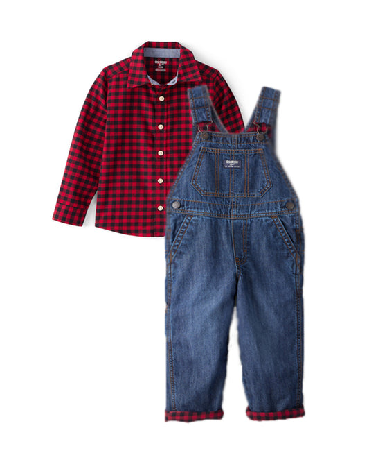 Oshkosh Toddler Boy Buffalo Check Cotton Long-Sleeve Button-Down Shirt with Buffalo Check Denim Overalls