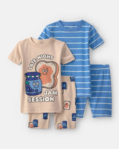 Carter's Toddler Boy PB&J Striped 100% Cotton Short-Sleeve Snug Fit 4-Piece Pajama Set - Blue/Brown