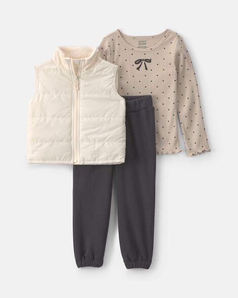 Carter's Toddler Girl 3-Piece Bow Polka Dots Fleece Long-Sleeve Layering Set - Brown/Cream