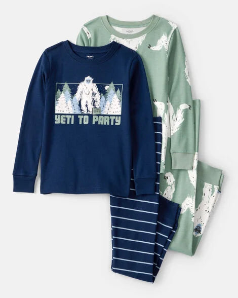Carter's Boys Yeti Print 100% Cotton Long-Sleeve Snug Fit 4-Piece Pajamas - Green/Navy
