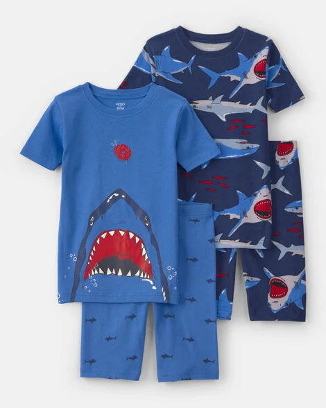 Carter's Boys Shark 100% Cotton Short-Sleeve Snug Fit 4-Piece Pajama Set - Blue