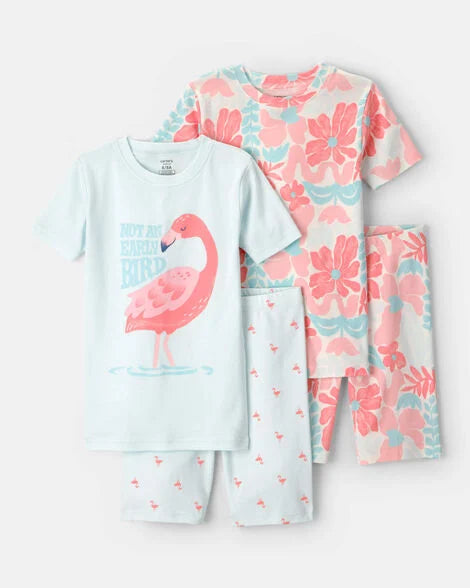 Carter's Girls Flamingo 100% Cotton Short-Sleeve Snug Fit 4-Piece Pajama Set - Pink/Blue