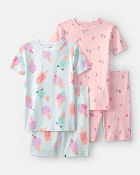 Carter's Girls Ice Cream 100% Cotton Short-Sleeve Snug Fit 4-Piece Pajama Set - Pink/Blue