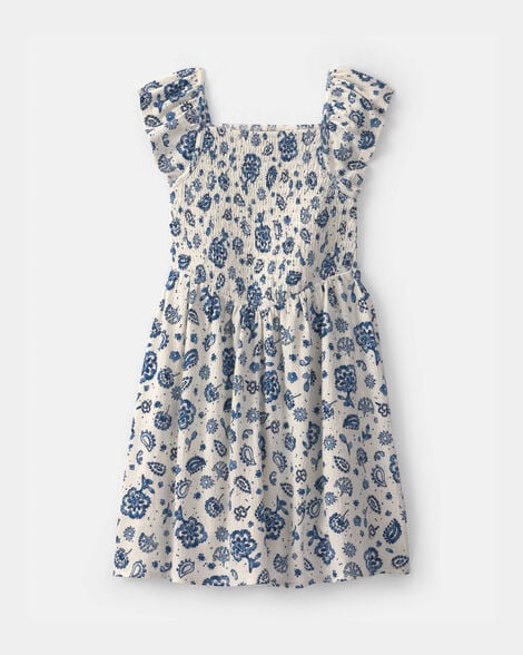 Oshkosh Girls Smocked Floral Dress - Blue/Ivory