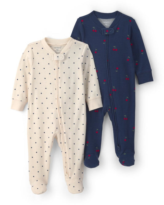 Carter's Baby 2-Pack Polka Dots Cherry 100% Cotton 2-Way Zip Sleepers - Navy