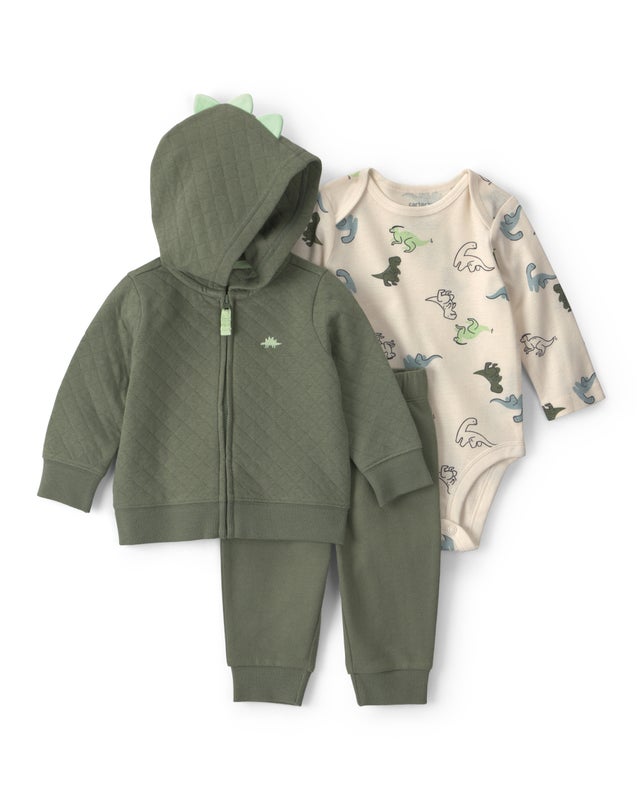 Carter's Baby Boy 3-Piece Dinosaur Quilted French Terry Layering Set - Olive Green