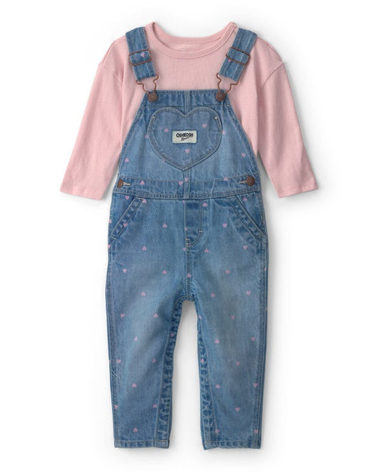 Oshkosh heart print Denim Overall with pink Jersey Top