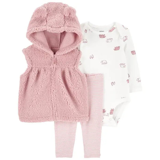 Carter's Infant Girl's 3-Piece Pink Animal Hood Vest Set