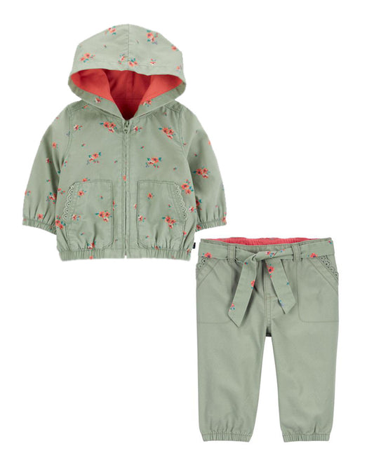 Oshkosh Baby Floral Print Hooded Jacket with Belted Eyelet Joggers