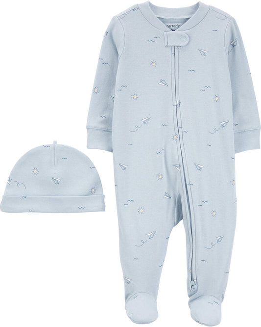 Carter's Baby Blue Airplane 2-Piece Sleep And Play And Cap Set