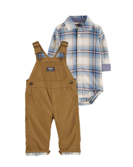 Oshkosh Baby Plaid Button-Front Bodysuit with Lightweight Canvas Overalls