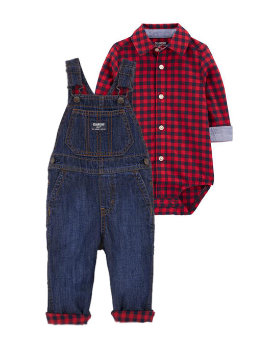 Oshkosh Baby Plaid Button-Front Bodysuit with Buffalo Plaid-Lined Overalls