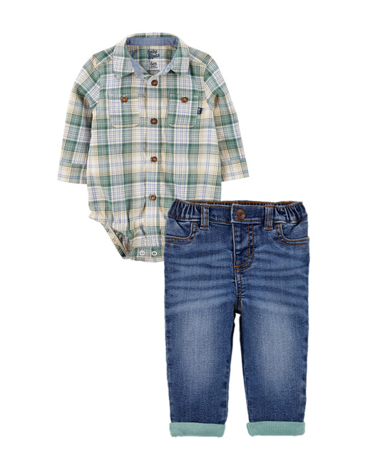 Oshkosh Baby Plaid Button-Front Bodysuit with Denim Medium Wash Pants