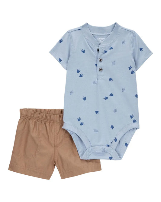 Carter's Baby 2-Piece Dinosaur Footprint Bodysuit & Short Set - Blue & Brown