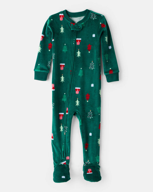 Oshkosh Baby Christmas Tree Print Velour Long-Sleeve Loose Fit 1-Piece pyjamas - Green