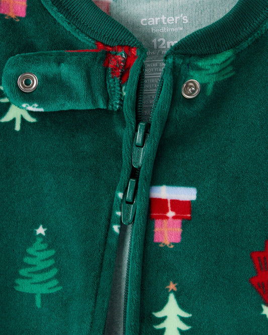 Oshkosh Baby Christmas Tree Print Velour Long-Sleeve Loose Fit 1-Piece pyjamas - Green