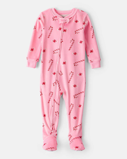 Carter's Baby Girl Peppermint Print Velour Long-Sleeve Loose Fit 1-Piece pyjamas - Pink