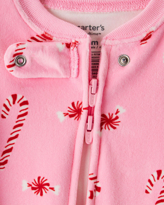 Carter's Baby Girl Peppermint Print Velour Long-Sleeve Loose Fit 1-Piece pyjamas - Pink
