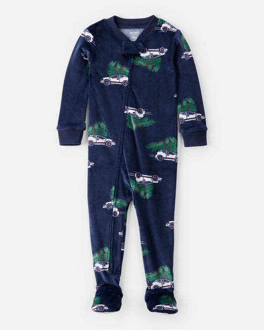 Carter's Baby Boy Car Print Velour Long-Sleeve Loose Fit 1-Piece pyjamas - Navy