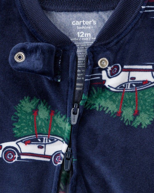 Carter's Baby Boy Car Print Velour Long-Sleeve Loose Fit 1-Piece pyjamas - Navy