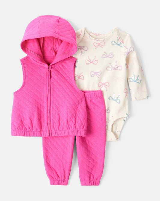 Carter's Baby Girl 3-Piece Bow Print Bodysuit, Jacket & Pant Set - Pink