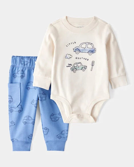 Carter's Baby 2-Piece Car Little Brother Long-Sleeve Bodysuit Pant Set - White/Blue