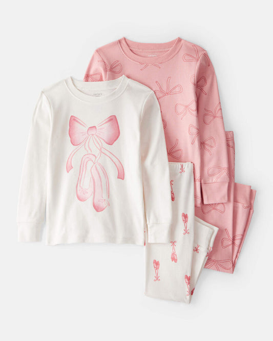 Carter's Baby Girl Ballet Print 100% Cotton Long-Sleeve 4-Piece pyjamas - Pink/White