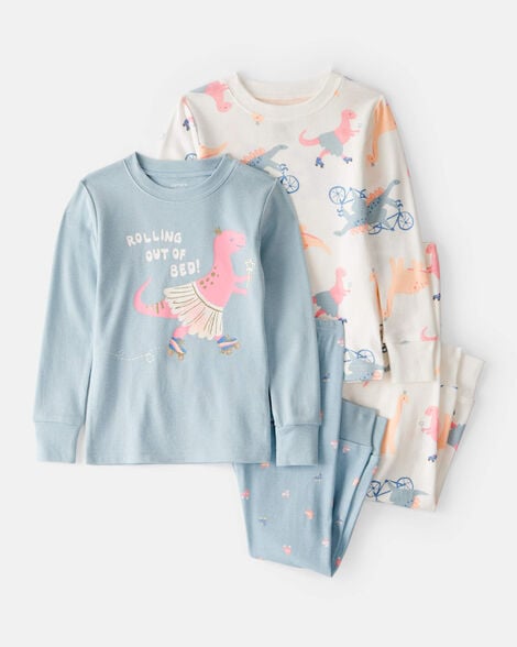 Carter's Baby Girl Dinosaur Print 100% Cotton Long-Sleeve 4-Piece Pajamas - Blue/White